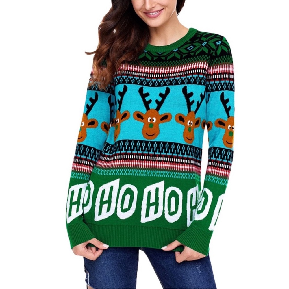 Women’s Christmas Fairisle Knit “HO HO HO” Reindeer Pullover Crewneck Sweater